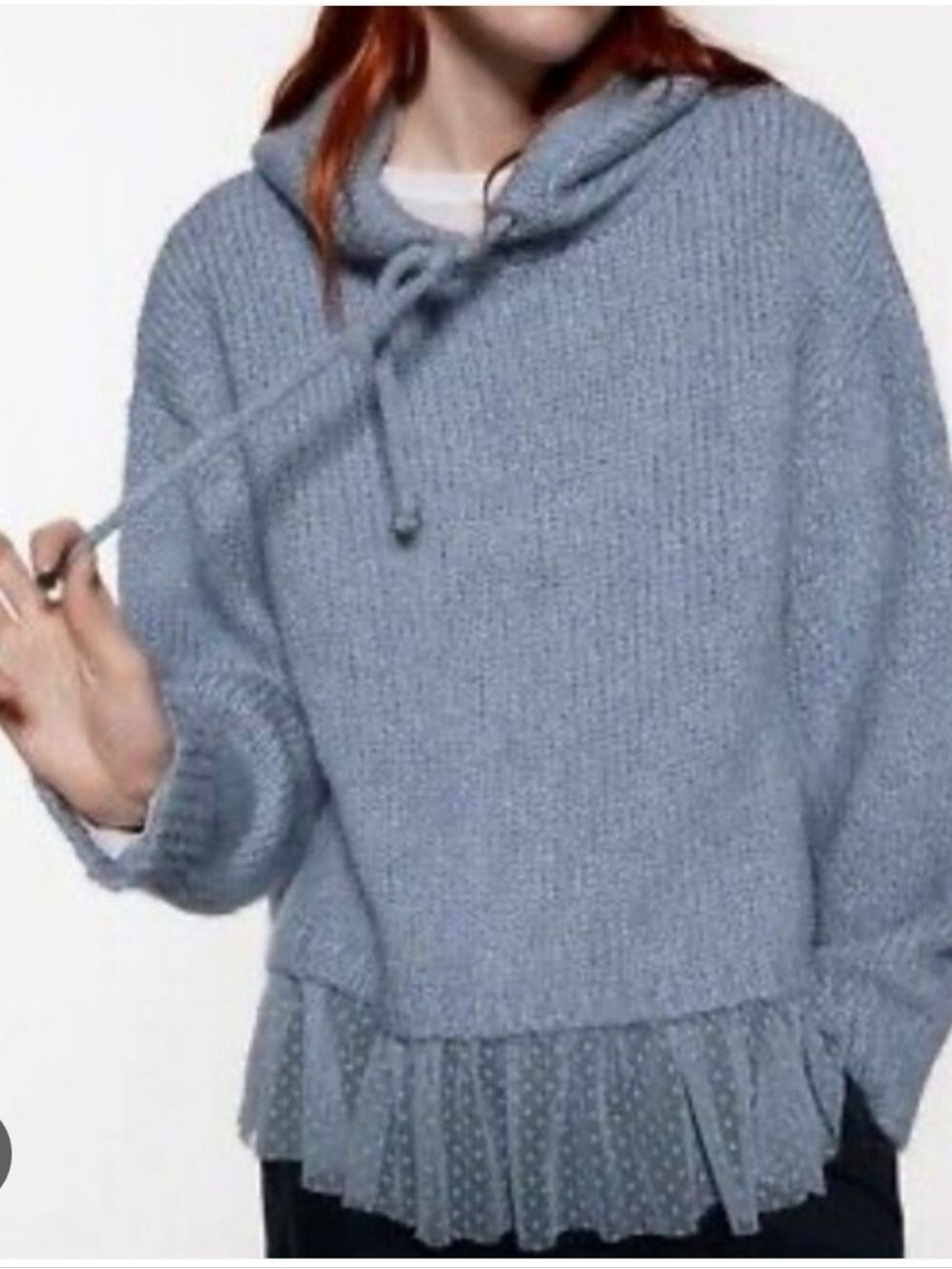 ZARA | light blue knit sweater hoodie tulle ruffle Sz M